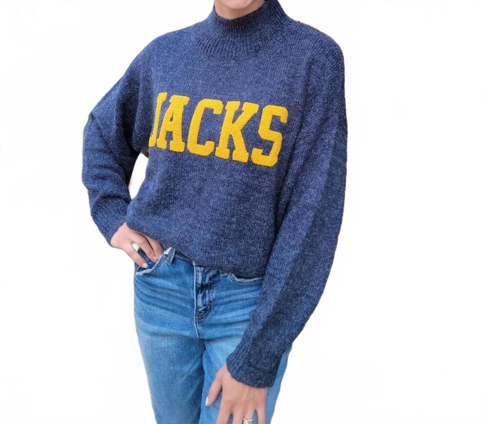 NEW GAMEDAY SOCIAL jacks knit mock neck sweater in blue marled